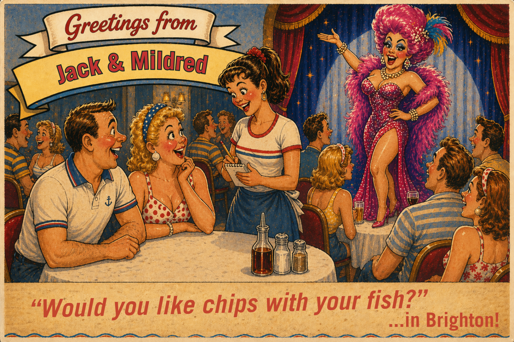 Vintage seaside postcard from Drag Queen