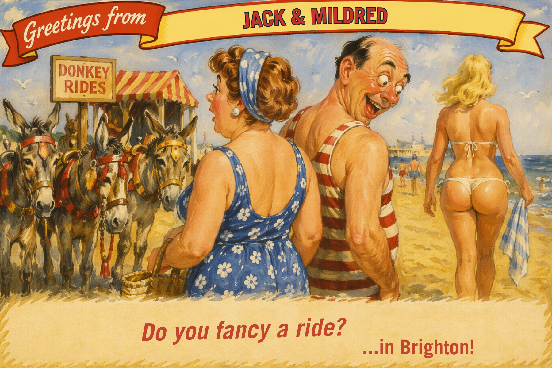 Vintage seaside postcard from ​Fancy a Ride?