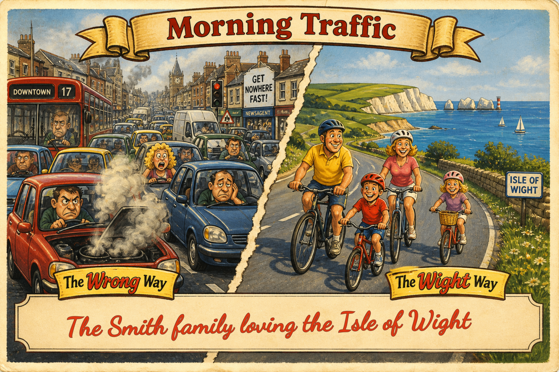 Vintage Isle of Wight postcard: Morning Traffic