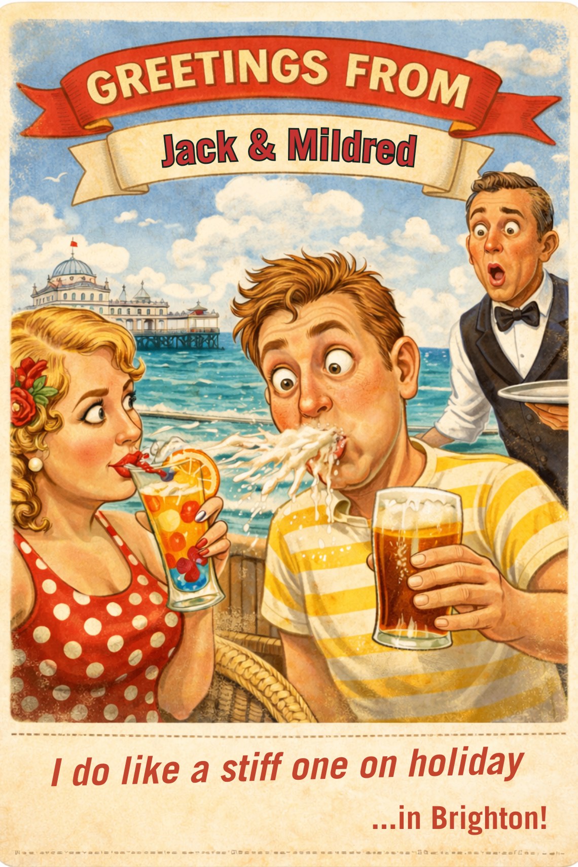 Vintage seaside postcard from Enjoying a Stiff One!